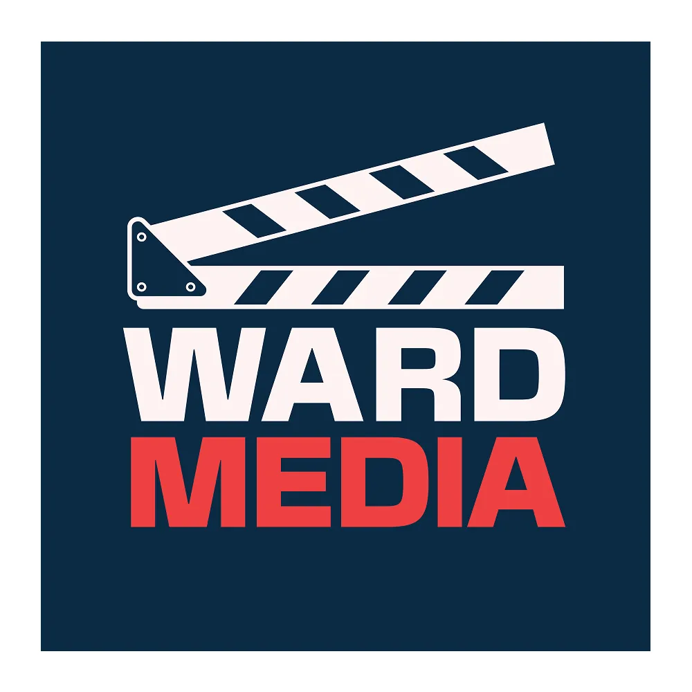 A clean, minimalist logo for Ward Media featuring a white and black striped clapperboard icon above bold white and red text on a dark blue background.